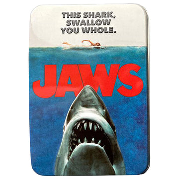 Jaws movie poster with shark and text on a white background Get ready for a sweet adventure with JAWS Amity Island Sours! Enjoy sour shark tooth candies in a collectible tin that celebrates the iconic Jaws movie.